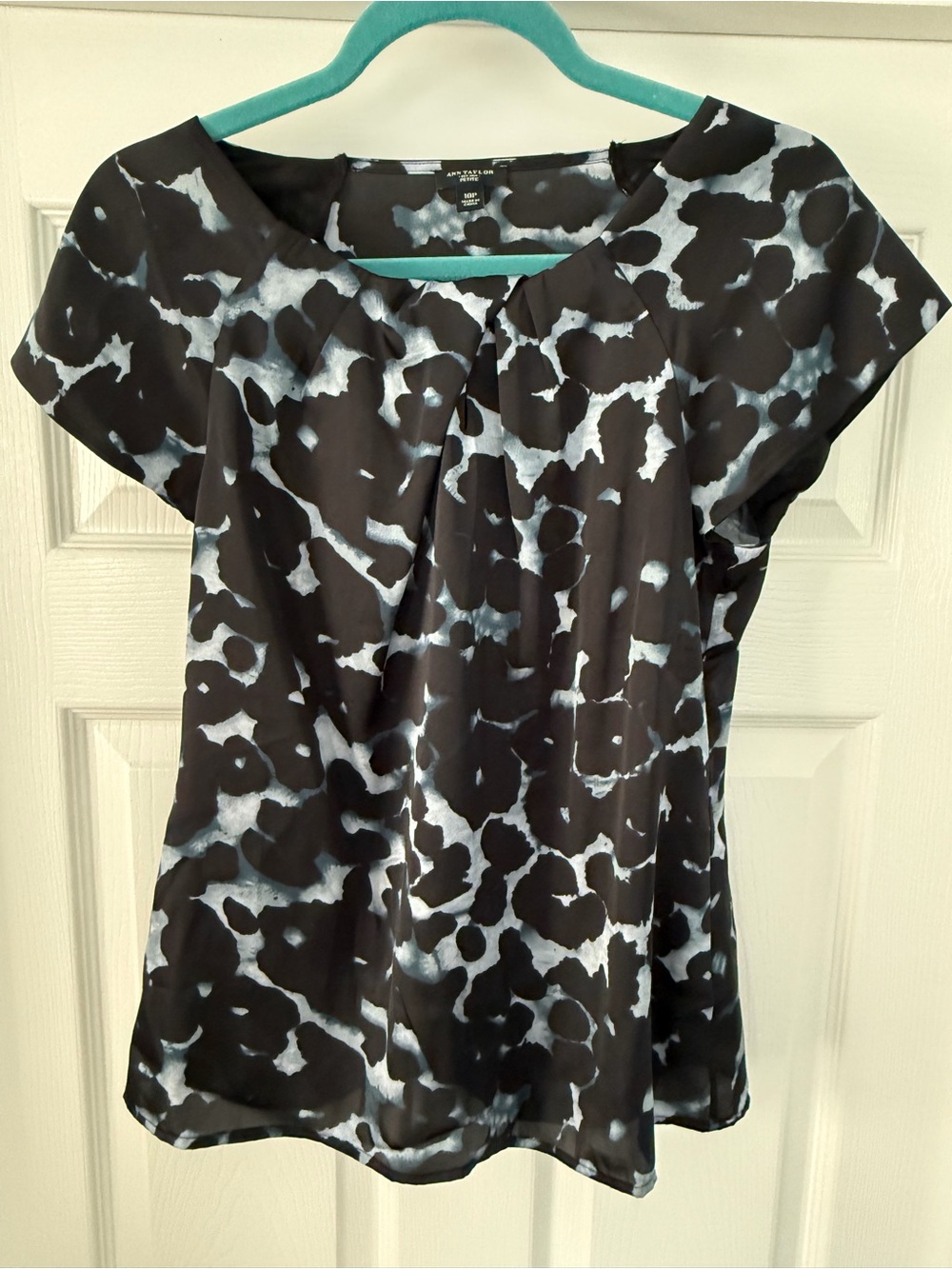 Ann Taylor Black, Dusty Blue, and Silver Leopard cap-sleeve top - 10P